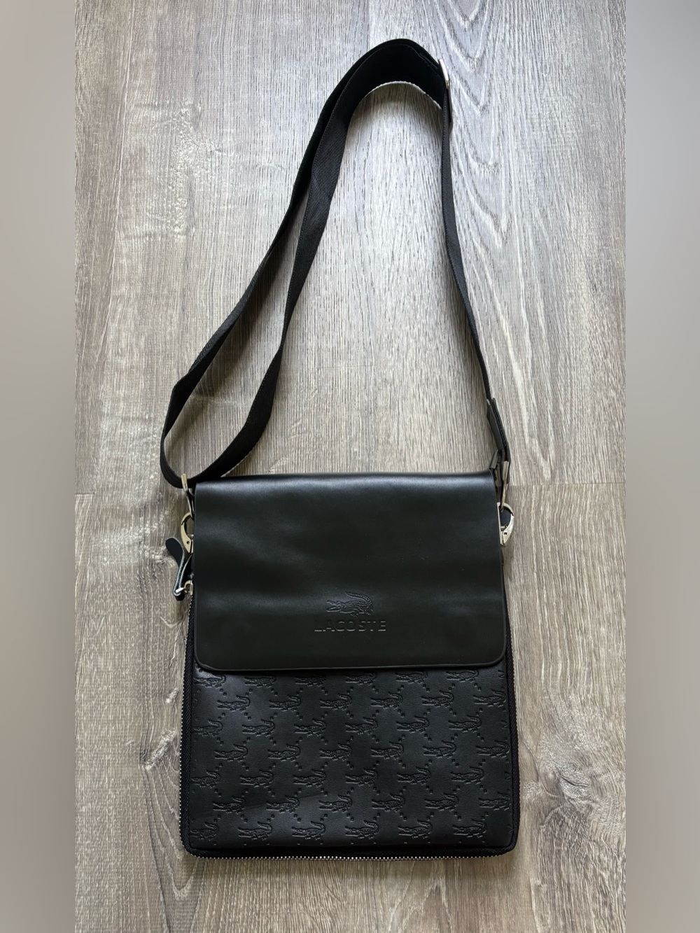Lacoste Black Embossed Leather Messenger Bag
